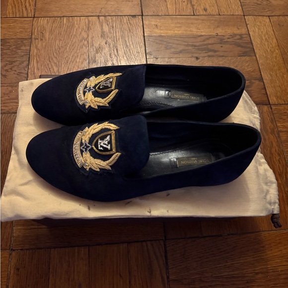 Authentic Louis Vuitton Navy Embroidered Loafers Slip-On Loafers size 39